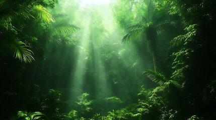 Fototapeta premium Lush rainforest canopy bathed in sunlight.
