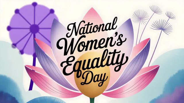 National Women's Equality Day greeting, elegant lotus flower with feminine script typography, purple and pink floral background for social justice