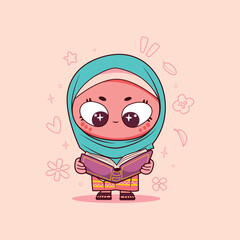 Cute hijab girl reading a quran cartoon style