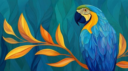 Obraz premium Colorful parrot illustration in tropical foliage