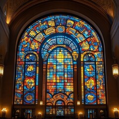 Large stained glass window with intricate designs.