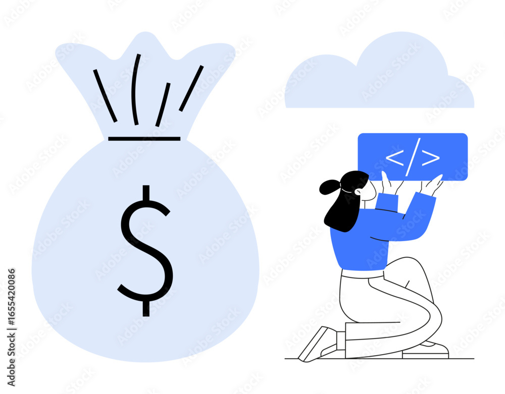 Poster developer kneeling with a code block, large money bag symbolizing revenue, and a cloud above. ideal 