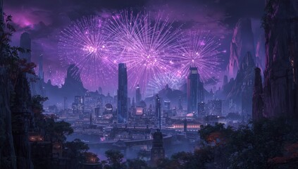 Fototapeta premium Purple fireworks over futuristic city skyline with tall buildings and mountain silhouettes at night