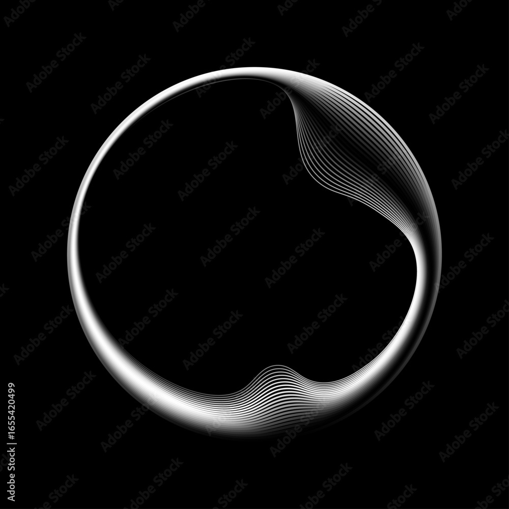 Aufkleber abstract round frame with wavy black and white gradient lines isolated on dark background with copy 