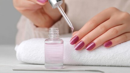 Applying nail treatment to pink glitter nails