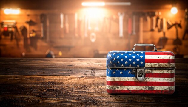 American flag themed toolbox sits on a wooden workbench in a rustic workshop