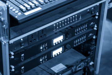 Professional Audio Equipment Rack in Cool Blue Lighting