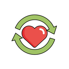 A vibrant red heart surrounded by a cycle of green arrows, symbolizing renewal, sustainable living, and continuous love or care.