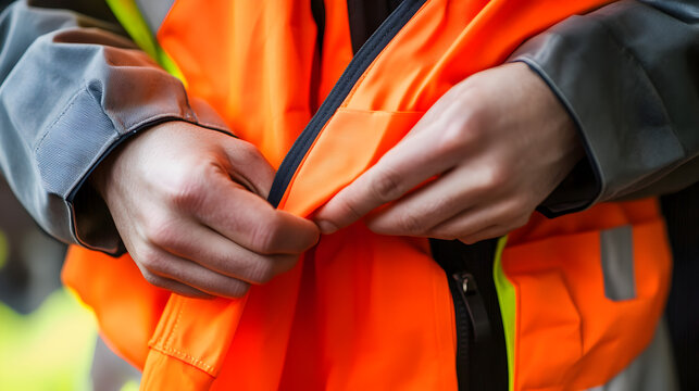 Person zipping up an orange high visibility safety vest with gray sleeves and black zipper close up