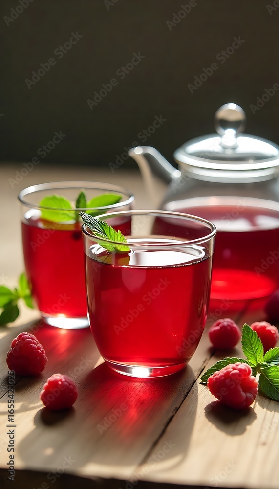 Poster generative ai: raspberry refreshment tea and teapot presentation!