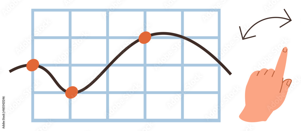 Poster curved graph on grid with data points highlighted. hand gesture indicating interactive navigation. i