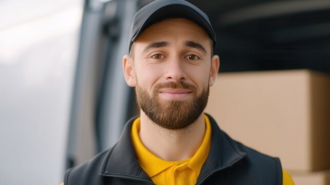 Dedicated Deliveryman: A warm portrait of a professional deliveryman, captured in natural light, radiating trustworthiness, with his trusty vehicle and cargo providing the backdrop.