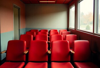Obraz premium Generative AI: Red Seating Arrangement in a Room.