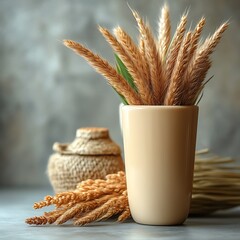 Dried grasses in a beige vase on a gray surface.