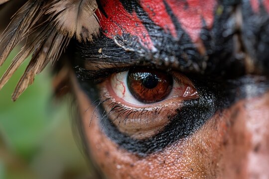 Intense eye of indigenous man with tribal face paint.