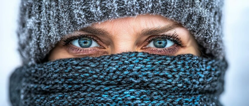 Intense blue eyes of a woman in winter gear.