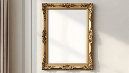 Ornate gold-framed mirror hanging on a wall with decorative molding and soft light.