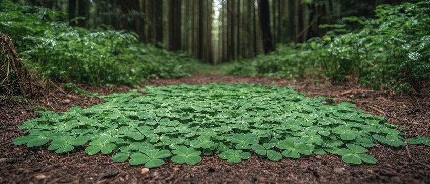 Lush clover patch in a tranquil redwood forest.