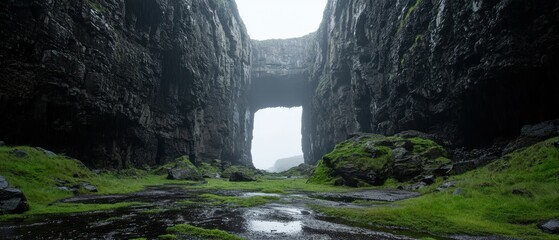 Obraz premium Dramatic gorge with lush greenery and imposing rock walls.