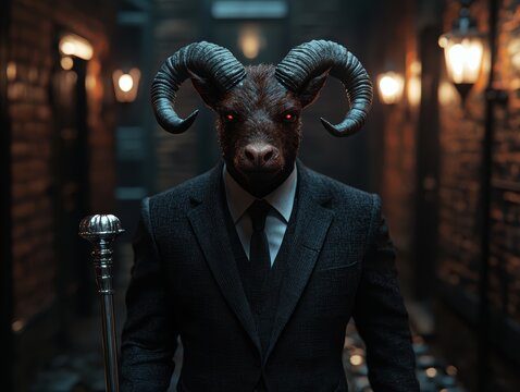 Ram-headed man in a suit with glowing red eyes. - Powered by Adobe