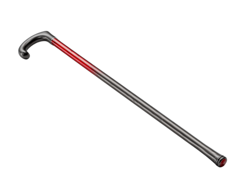 Elegant Red And Silver Walking Cane With Curved Handle On Transparent Background, PNG