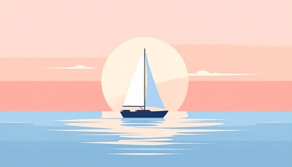 Fototapeta premium minimalist illustration of a calm ocean with a single sailboat under a pastel sunse 