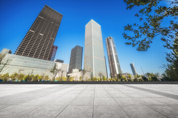 Modern Urban Landscape Featuring Skyscrapers Against a Clear Blue Sky