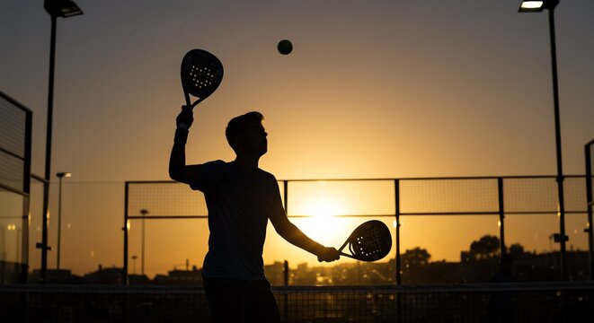 Man playing tennis at sunset silhouette
