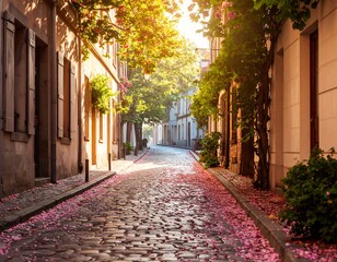 Sunny alleyway lined with blossoming trees