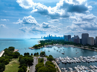 Aerial view of Belmont Harbor and Chicago Skyline over Lake Michigan. August 2025
