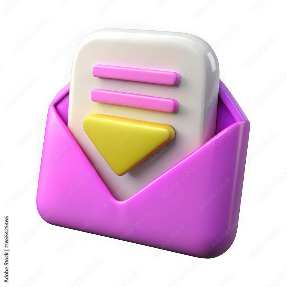 Poster 3d pink envelope with document and arrow isolated on transparent background