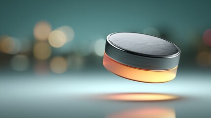 Digital holographic button floating in mid-air above desk with futuristic teal,orange gradient lighting, modern corporate strategy concept showing technology,innovation, virtual,cyber,interface
