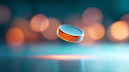 Digital holographic button floating in mid-air above desk with futuristic teal,orange gradient lighting, modern corporate strategy concept showing technology,innovation, virtual,cyber,interface