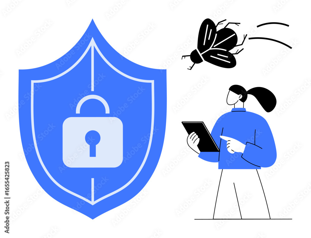 Poster shield with lock as security, bug symbolizing threat, and individual with tablet representing digita