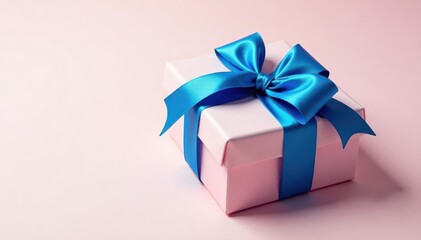 Obraz premium Beautifully wrapped present, blue bow on top Isolated studio shot , special, image, background