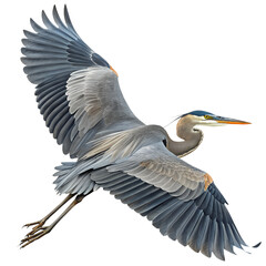 Fototapeta premium Great blue heron flying with wings spread bird feathers