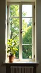 Fototapeta premium Empty windowsill with space for objects, natural light, sunlight, interior design, empty