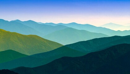 Obraz premium Mountain ranges stretch across the horizon in shades of blue and green, creating a serene and calming landscape at dusk.