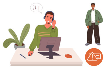 Support agent talking on headset at desk with computer, caller standing nearby, alert icon visible. Ideal for customer service, communication, work, reliability, helpdesk, teamwork simple flat