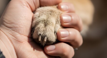 Close-up of Human Hand Holding Animal Paw with Soft Fur and Claws in Natural Light