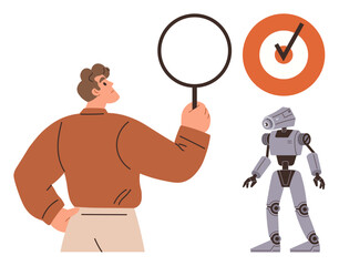 Man holds magnifying glass inspecting robot, target symbol portrays success, technology, innovation, and evaluation. Ideal for AI analysis, robotics, goal-setting, problem-solving innovation