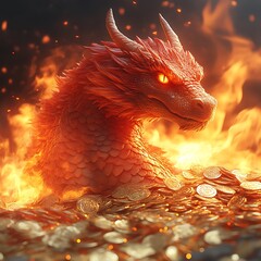 Fiery dragon emerging from a hoard of gold coins.