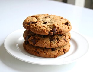 Three chocolate chip cookies stacked on a white plate