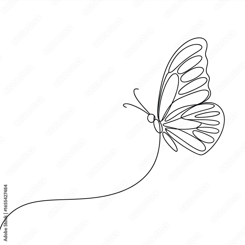 Poster elegant single line drawing of a butterfly with intricate wing patterns