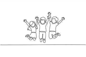 Three happy children jumping with arms raised in a single line drawing