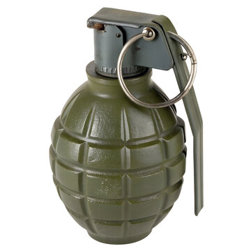 A military-style hand grenade with the characteristic olive green/khaki color and segmented oval body design. It has a black metal safety lever (spoon) at the top with a metal ring pull pin.