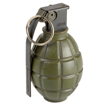 Green, segmented hand grenade with a pin and safety lever.