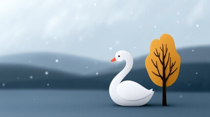Obraz premium White swan sits next to a stylized yellow tree with bare branches winter landscape with falling snow