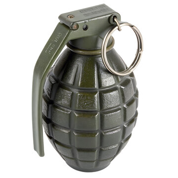 A hand grenade, specifically what appears to be an M67 fragmentation grenade based on its distinctive olive drab color and segmented spherical design. The grenade has a metal safety pin.
