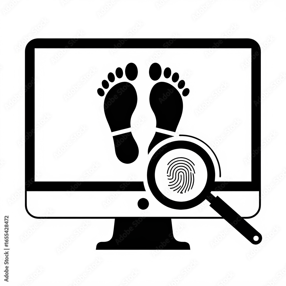 Poster a digital illustration showing footprints on a computer screen, emphasizing the concept of digital f